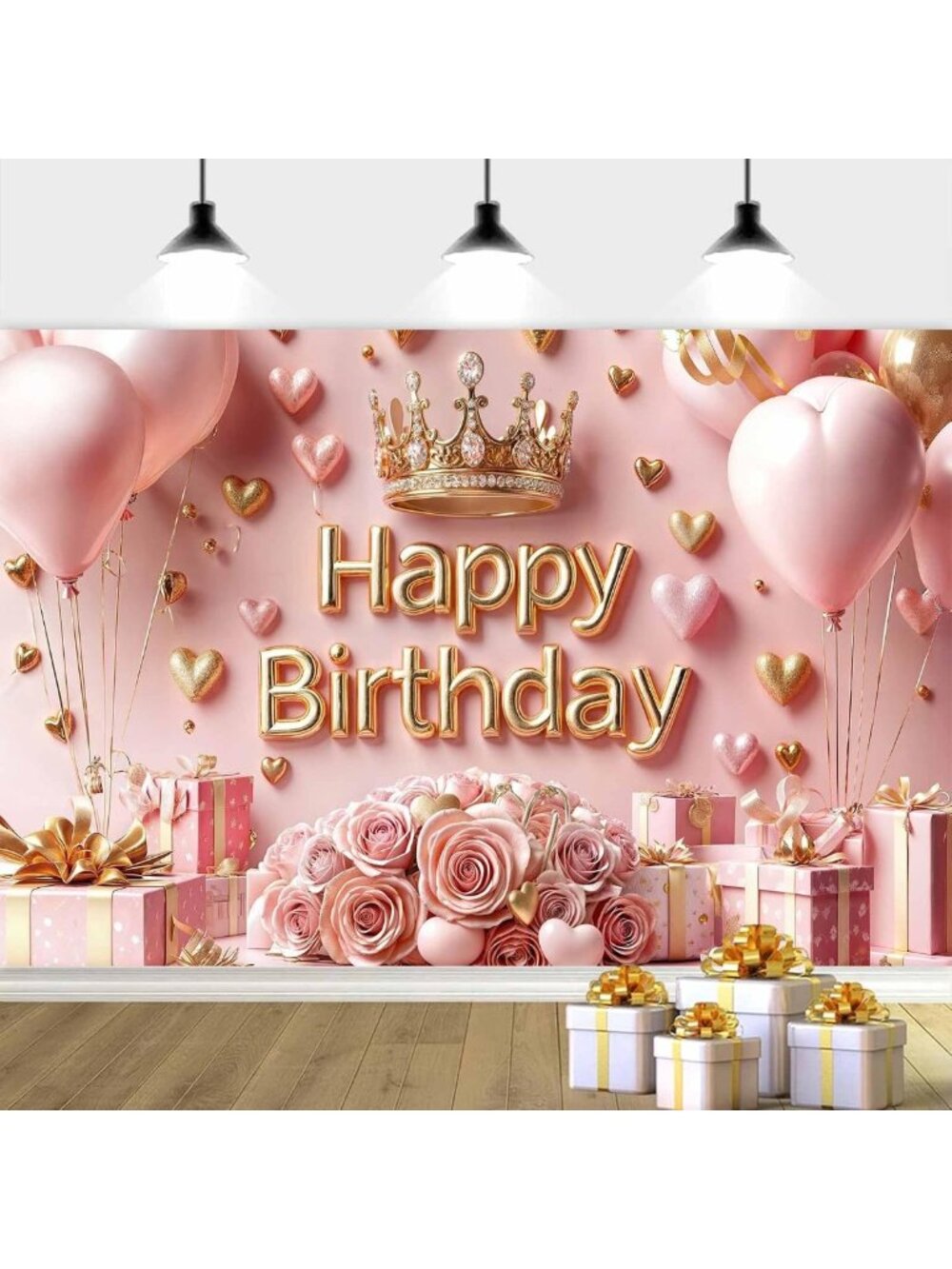 10x8ft Pink Birthday Backdrop - Glitter Rose Gold Happy Birthday Banner Decor